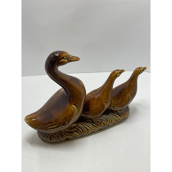 Brown Drip Glaze Goose And Goslings Figurine - Picture 4 of 7